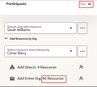 スクリーンショットは、階層からのリソースの選択と、選択したリソースの直属部下または組織全体の追加を示しています