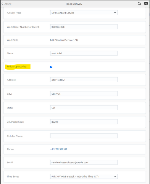 Oracle Field Serviceでの新規アクティビティの予約の 構成後に技術者に対して表示される内容