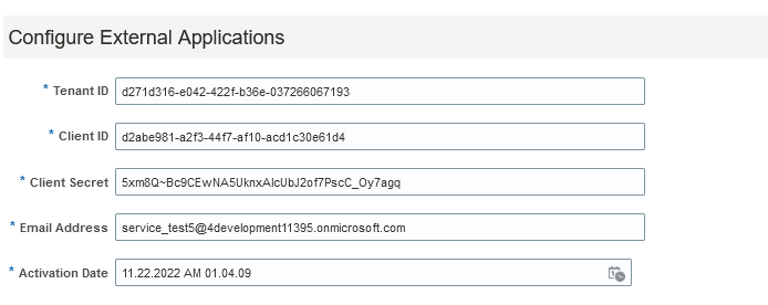外部アプリケーションの構成ページ。