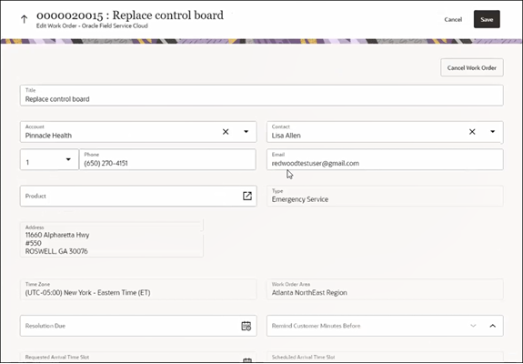図は、Oracle Field Service作業オーダーの「作業オーダーの編集」ページを示しています。