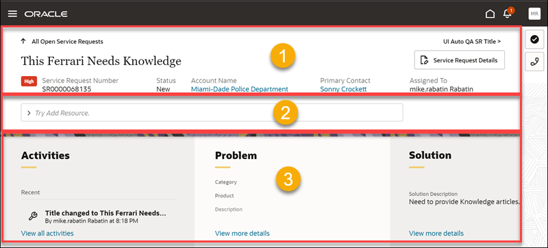 「サービス・リクエストの概要」ページ。 コールアウトは、テキストで説明する機能を強調表示しています。 