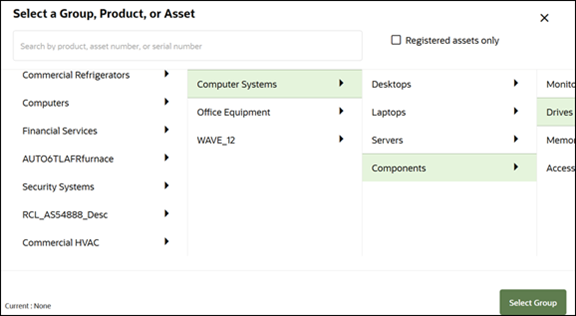 「製品ピッカー」ウィンドウ。