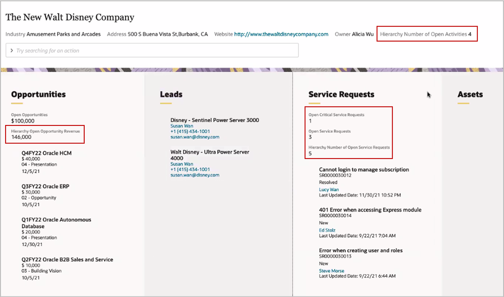 「商談」および「サービス・リクエスト」パネルにロールアップが表示されたアカウントのスクリーンショット。