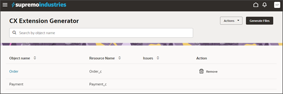 このスクリーンショットは、CX拡張ジェネレータのリスト・ページを示しています。