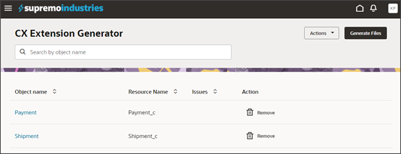 このスクリーンショットは、CX拡張ジェネレータのリスト・ページを示しています。