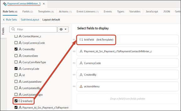 このスクリーンショットは、linkFieldフィールドをドラッグする場所を示しています。