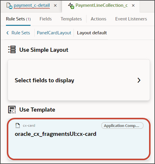 このスクリーンショットは、cx-cardフラグメントの選択方法を示しています。