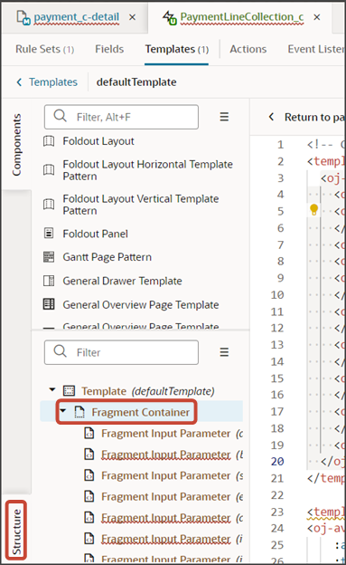 このスクリーンショットは、「支払明細」パネルのテンプレートの構造ペインを示しています。