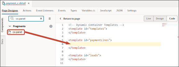 このスクリーンショットは、フラグメントをテンプレート・エディタにドラッグする方法を示しています。