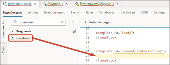 このスクリーンショットは、ページ内のフラグメントをドラッグする場所を示しています。