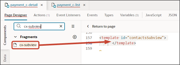 このスクリーンショットは、cx-subviewフラグメントを追加する場所を示しています。