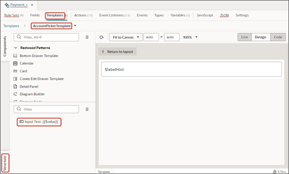 このスクリーンショットは、フィールド・テンプレートの「入力テキスト」ノードを示しています。「構造」ペインに表示されます。