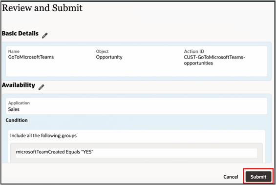 「Microsoft Teamsに移動」スマート・アクションの「確認および送信」ページを示す画面