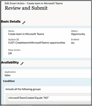 Microsoft Teamsスマート・アクションの「チームの作成」のレビューおよび「送信」画面を示すスクリーンショット