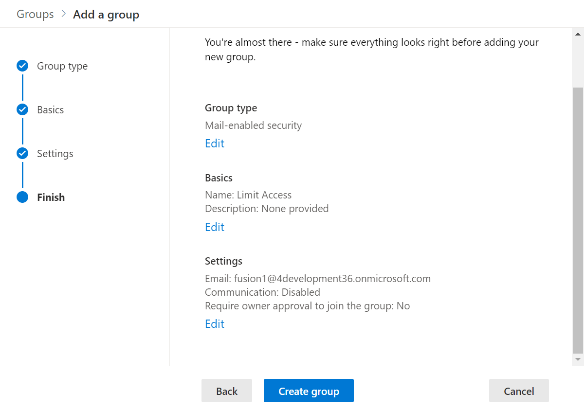 「Create group」ボタンをクリックしてグループの作成を終了します。