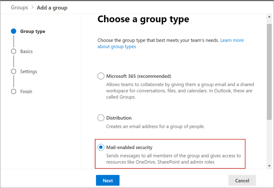 グループ・タイプに「Mail-enabled security」オプションを選択します。