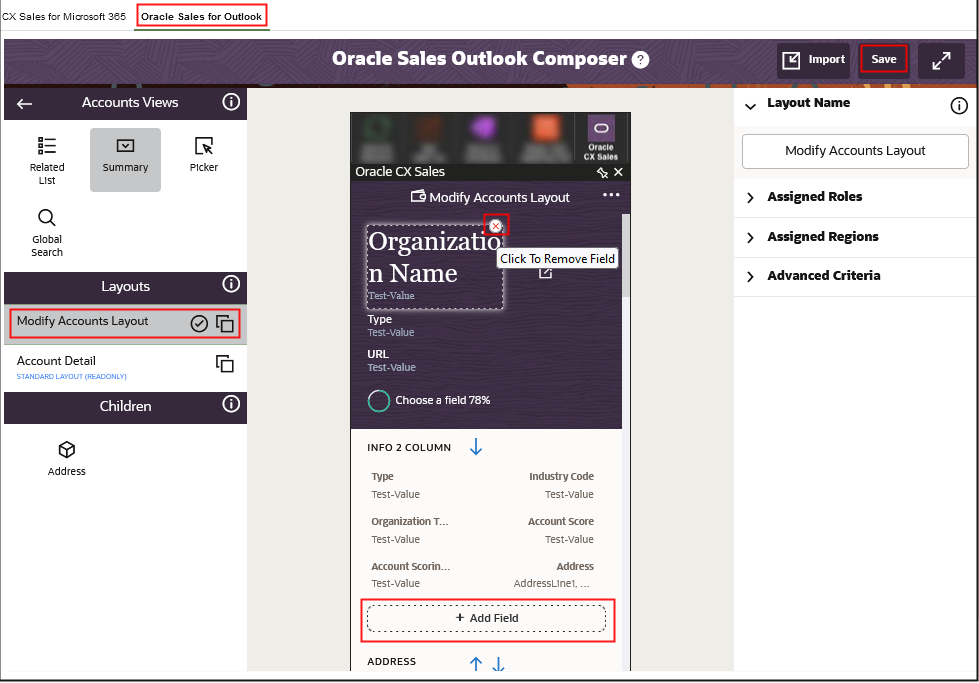 Oracle Sales for Outlook Composer構成ツールを使用してページ・レイアウトに簡単な変更を加えるサンプル・スクリーンショット