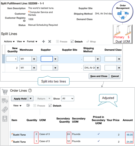 明細を2つの明細に分割します。1つは数量が1で、もう1つは数量が2です。