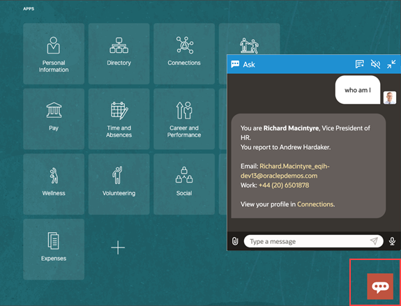 チャット・アイコンが表示されているアプリケーションのホーム・ページ。