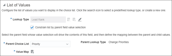 これは、固定選択リストを定義するときに構成できる値リスト・リージョンのスクリーンショットです。