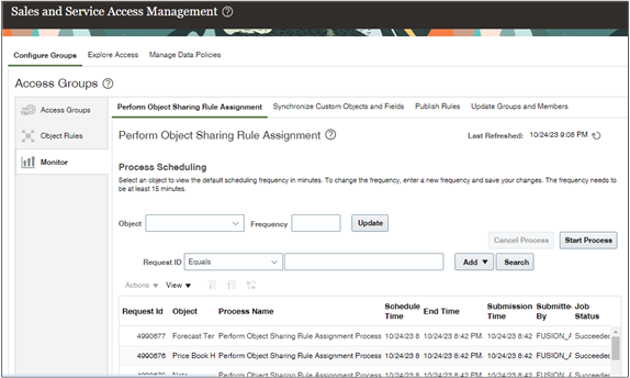 「モニター」タブが表示されている「アクセス・グループ」ウィンドウ。