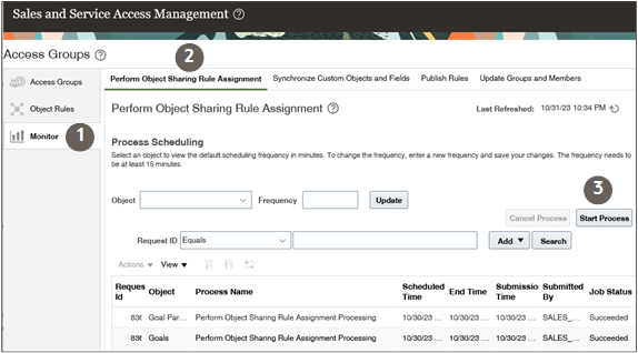 「オブジェクト共有ロール割当の実行」サブタブが表示された「モニター」タブ
