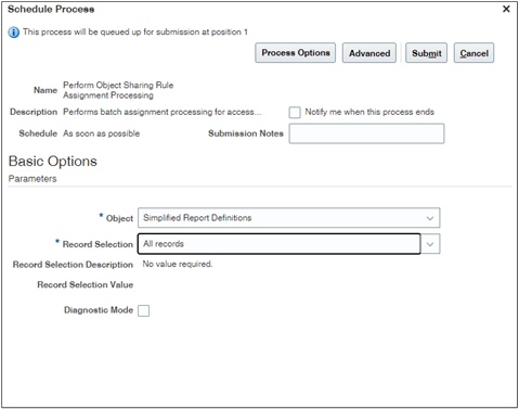 「オブジェクト共有ルール割当処理の実行」プロセスの「プロセスのスケジュール」ウィンドウ