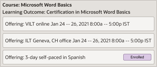 Microsoft Wordの基本コースの例(認定学習の結果がある複合型ILTと自己ペース講義)