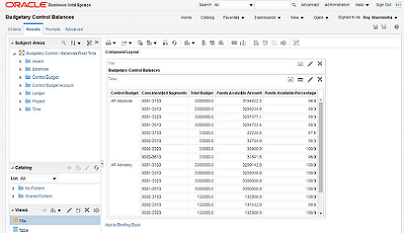この図は、サブジェクト領域レポート・ビルダーの 結果の例です。