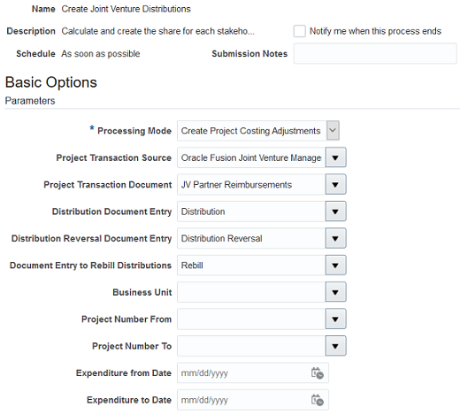 この画像は、「プロセス・モード」で「プロジェクト原価計算修正の作成」が選択された「合弁企業配分の作成」プロセスのページを示しています。列および各列に入力された値は、周囲のテキストで説明されています。