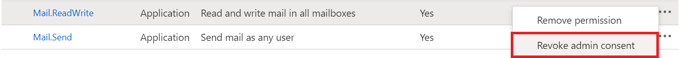 mail.readwriteおよびmail.sendアクセス許可の管理者の同意を取り消します。