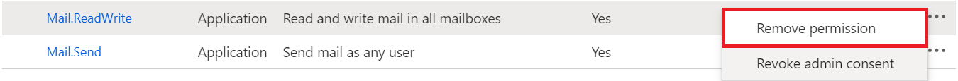 mail.readwriteおよびmail.sendアクセス許可を削除します。