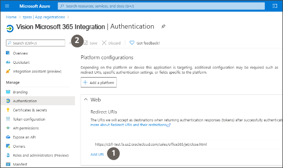「プラットフォームの追加」および「Configure platforms」のWeb選択がコールアウトで強調表示された認証