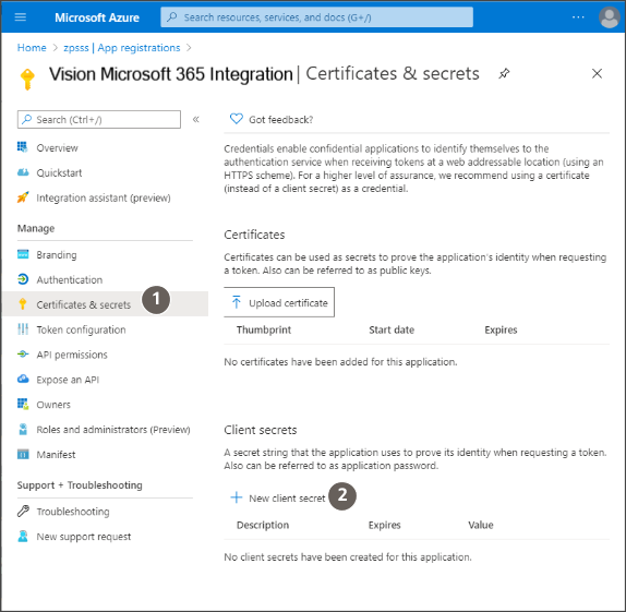 選択内容と「New client secret」ボタンが強調 表示された「Certificates & Secrets」ページ。