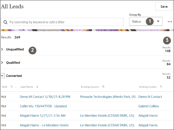 リード・ステータス別にグループ化された結果を示すリード・リスト・ページ。