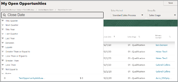 商談クローズ日のカレンダ期間の事前定義値が表示されたスクリーンショット
