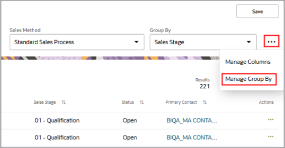 「グループ別の管理」メニュー項目の場所が強調表示された商談ページの一部のスクリーンショット
