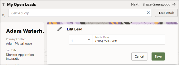 「リードの編集」での電話の更新