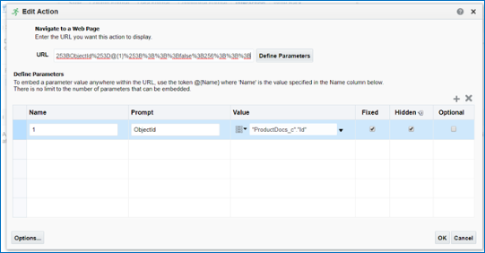 ディープ・ページ・リンクを含むアクションの編集ダイアログ