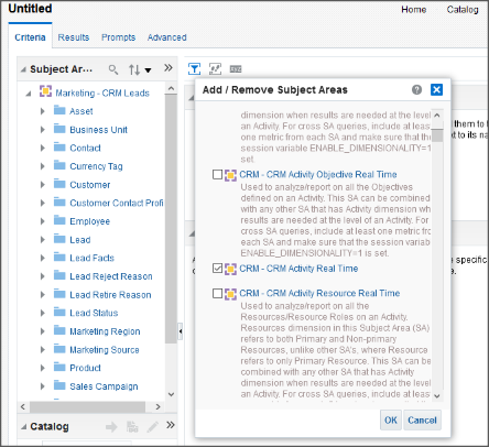 分析エディタにサブジェクト領域を追加および削除します。