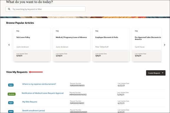 図は、「自分のヘルプ」ページの人気のある記事セクションの後に表示されるヘルプ・デスク・リクエスト・リストを示しています。