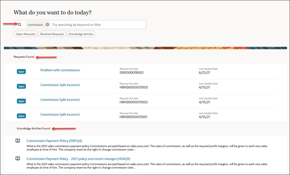図は、検索バーに入力された「コミッション」と、リストおよび関連するナレッジ記事で返される結果を示しています。