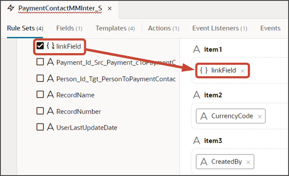 このスクリーンショットは、linkFieldフィールドを追加する場所を示しています。