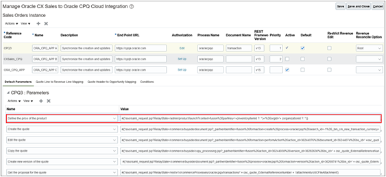 スクリーン・ショットは、「Oracle CX SalesからOracle CPQ Cloudへの統合の管理」ページの価格設定統合URLの例を示しています。