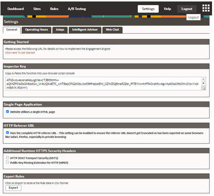 エンゲージメント・エンジンの一般設定のスクリーンショット。