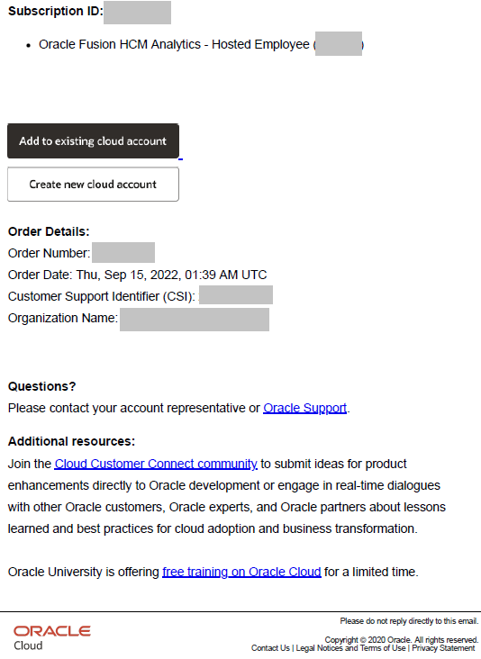 Oracle Fusion Data Intelligenceサブスクリプション電子メールの既存のクラウド・アカウント・オプションに追加