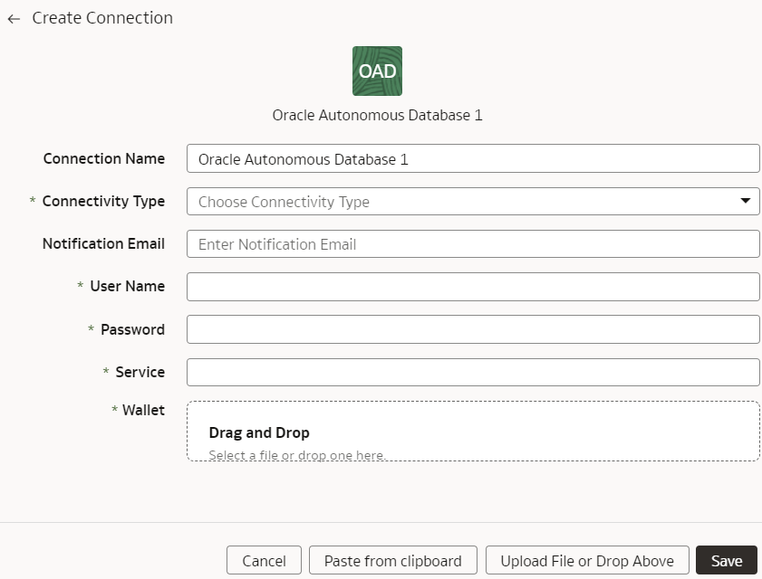 「Oracle Autonomous Databaseの接続の作成」ダイアログ