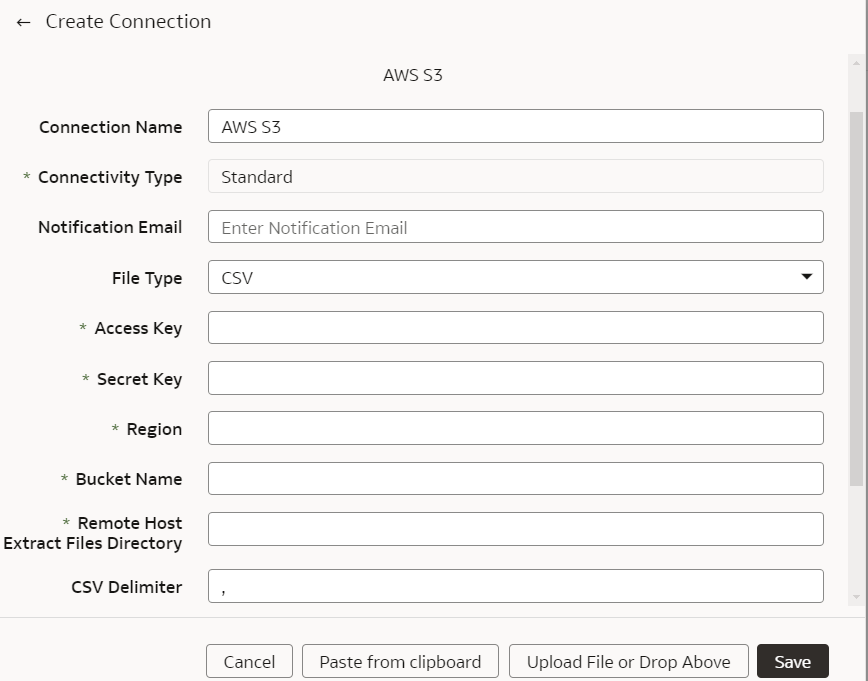 「AWS S3の接続の作成」ダイアログ