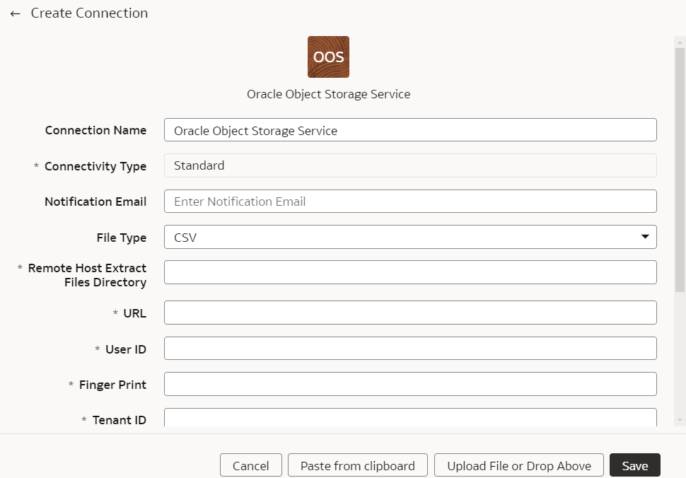 「Oracle Object Storageサービスの接続の作成」ダイアログ