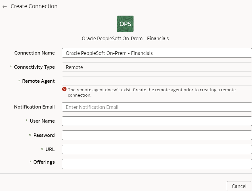 オンプレミスOracle PeopleSoftの接続の作成 - 「財務」ダイアログ